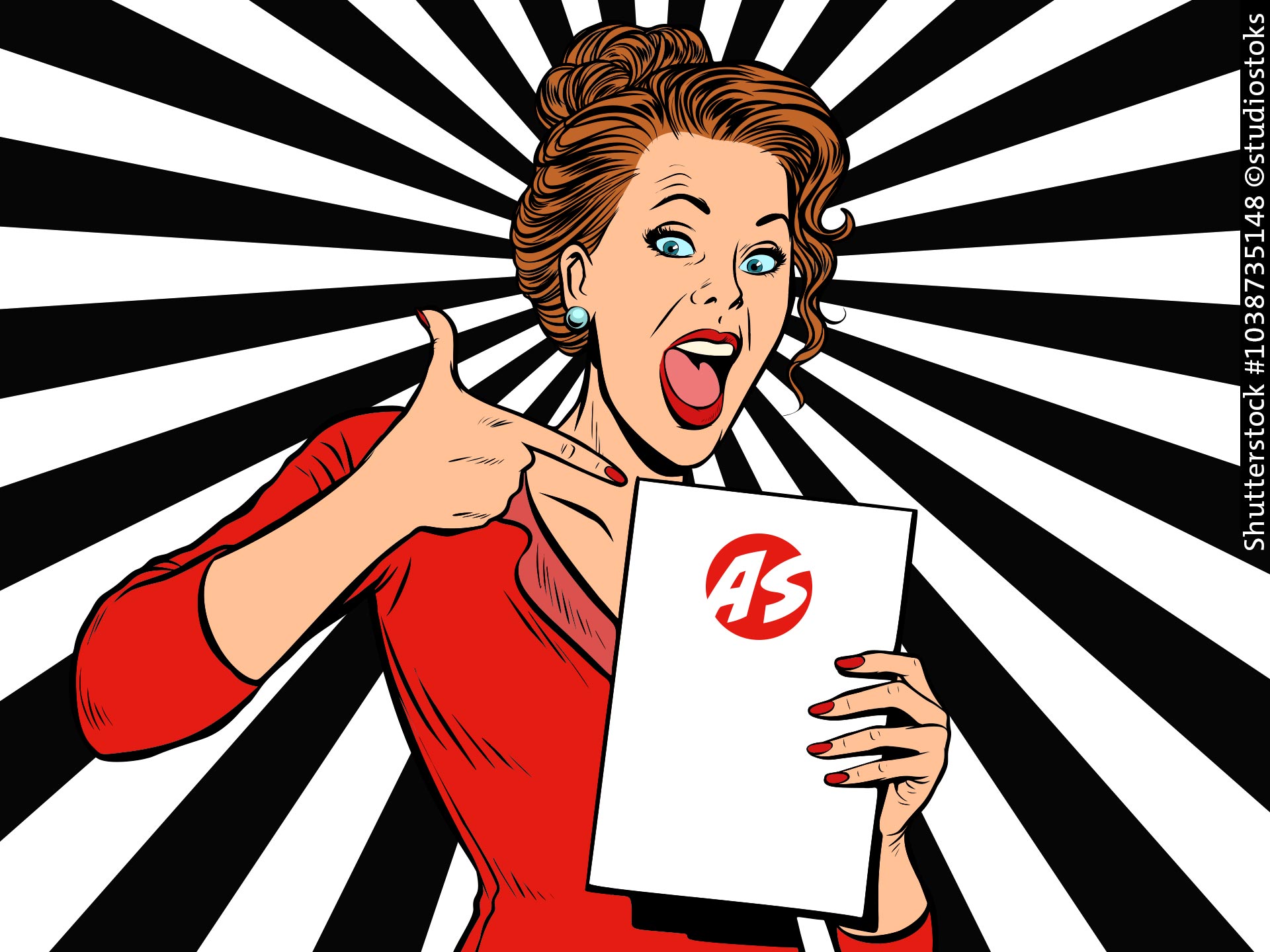 case-study-pop-art-teaser-startseite Pop-Art-Motiv einer Frau im roten Blazer, die auf ein A4-Blatt mit Kundenlogo zeigt, vor schwarz-weißen Strahlen als Startseiten-Teaser für eine Case Study.