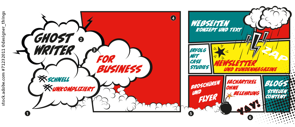 Stilanalyse für einen Website Relaunch im Pop-Art-Design mit Sprechblasen, Comic-Schrift, schwarzen Outlines und lebendigen Farben.