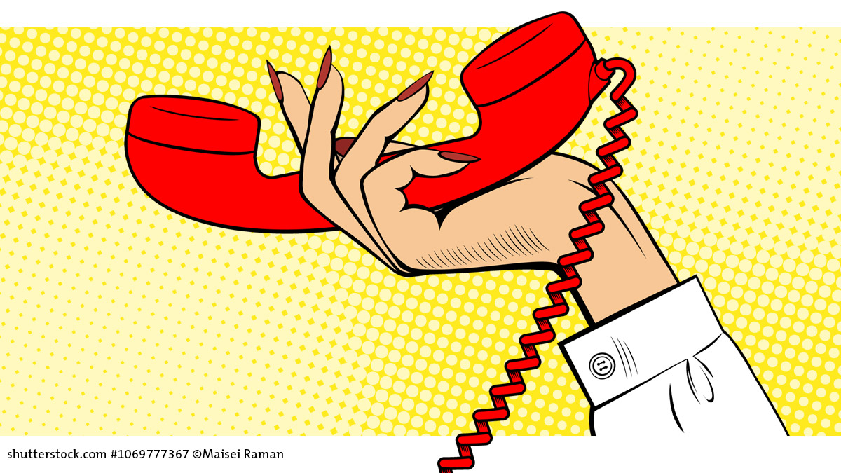 Im Pop-Art-Stil: Hand mit langen roten Fingernägeln, die einen Telefonhörer