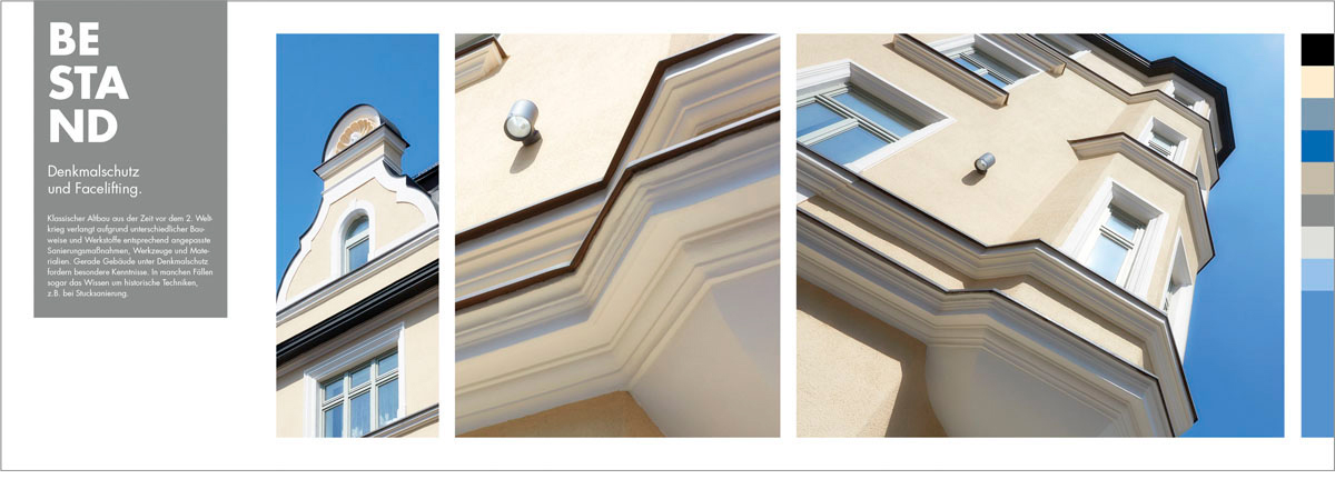 altbau-denkmalschutz Doppelseite der Broschüre zum Thema ‚Bestand‘ mit unterschiedlichen Close-ups eines Altbaus unter Denkmalschutz.