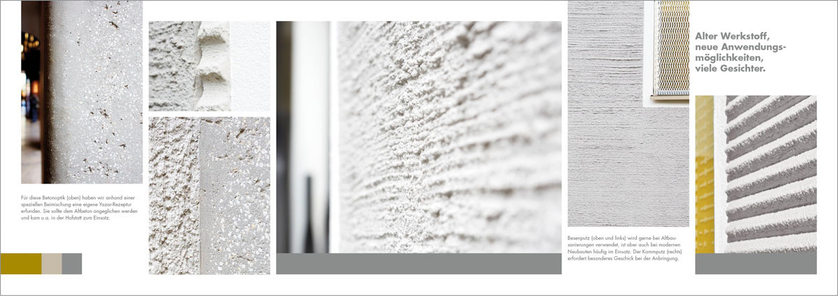 putz-vielfalt-doppelseite Doppelseite der Broschüre mit Close-ups verschiedener Putzarten wie Betonoptik, Besenputz und Kammputz.