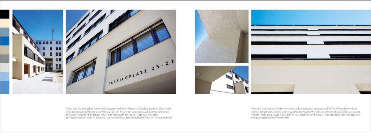 tassilo-platz-doppelseite-layout Doppelseite der Imagebroschüre mit verschiedenen Perspektiven am Tassilo-Platz, im Layout kombiniert.